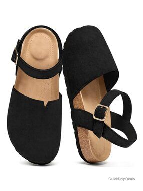 Closed Toe Flat Sandals with Cork Footbed Adjustable Ankle Strap Suede